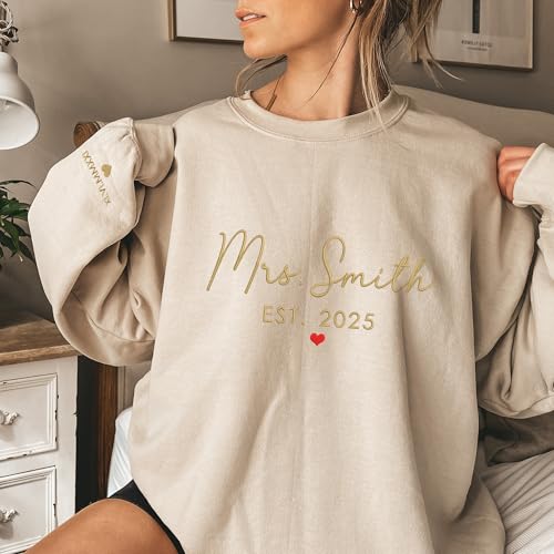 GODMERCH Custom Embroidered Mrs Sweatshirt - Personalized Future Mrs Hoodie, Bride Sweatshirts, Honeymoon Crewneck, Gift for Her Bride to Be Wedding Engagement Bachelorette Party Bridal Shower2