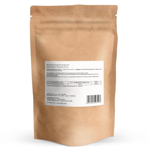 Vitamin B1 Hydrochlorid (Thiamin) 100 g - hochdosiert, hochrein, natürlich, vegan - hohe Bioverfügbarkeit - Gentechnikfrei - Ohne Hilfs- und Zusatzstoffe