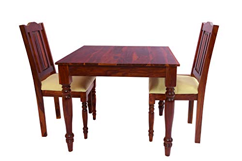 Image of Wooden Dining Table Set for 2 Seater | Table Size 35 x 35 x 29 Inches | Chair Size 18 x 18 x 39 Inches | Solid Wood Construction | Basic Assembly Required | Dining Room Furniture Set (Teak Finish)