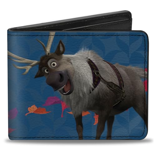 Buckle-Down Men's Disney Wallet, Bifold, Frozen 2 Sven Olaf Parts Swirling Leaves Blues Multi Color, Vegan Leather, 4.0