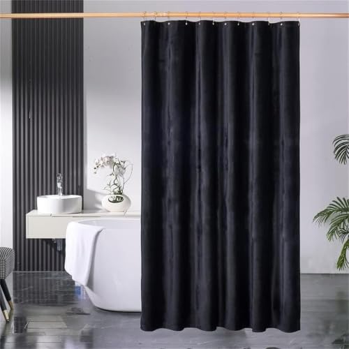 HYAWGE Black Velvet Shower Curtain, 260 GSM Heavyweight, No-Cling Drape, Water Repellent, Moody Gothic Decor, Luxury Hotel and Modern Minimalist Bathroom Style, 72x72 Inch, 12 Hooks Included