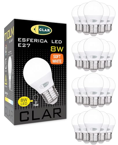 Bombilla LED E27 pequeña G45 de 8W CLAR con luz cálida para un gran ahorro energético