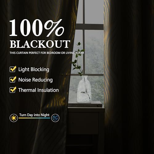 Xwincel 100% Blackout Curtains for Bedroom, White Gold Wave Line Dot Patterned Curtains 63 Inch Length, Metallic Gold Drapes Living Room Darkening Thermal Insulated Grommet Window Curtains 2 Panels - Image 4