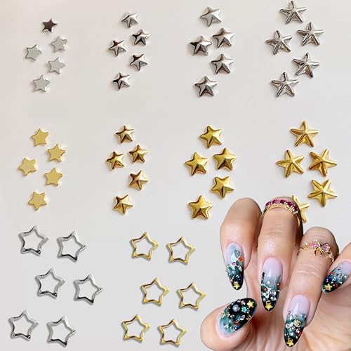 600Pcs Star Nail Charms for Nails Art 3D Gold Silver Christmas Tree Star Nail Charms Hollow Star Nail Rhinestones Kawaii Nail Gems Nail Jewelry Decoration Manicure Supplies Accessories for DIY Craft