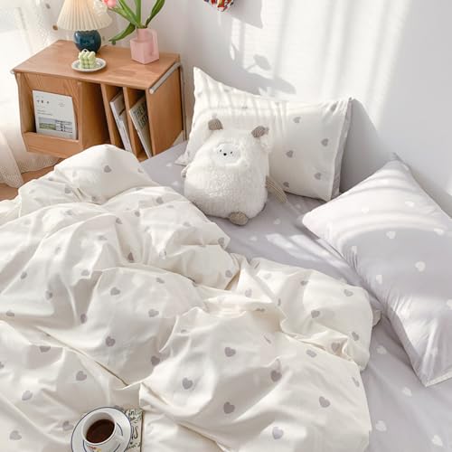 Freyamy Bettwäsche 135x200cm 4teilig Weiß Grau Herz Mädchen Bettwäsche Romantisch Liebe Wendebettwäsche 100% Microfaser Bettbezug 2 Bettdeckenbezüge mit Reißverschluss und 2 Kissenbezug 80x80cm