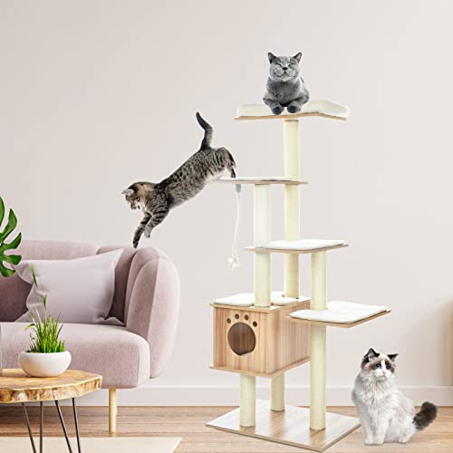 Arlopu Modern Wooden Cat Tree Tower, Cat Condo Furniture With Multi-Layer Platform, 67.3" Tall Large Cat Climbing Stand With Sisal Rope Scratching Post, Washable Plush Cushion For Kittens/Large Cats #TOP6