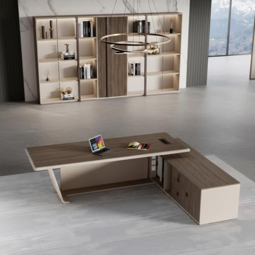 Image of Lakdi The Furniture Co Luxury Modern Executive Director Table with Fluted Front Panel, Dark Wood Top, Side Storage Unit & Premium Designer Work Surface - LDL-768