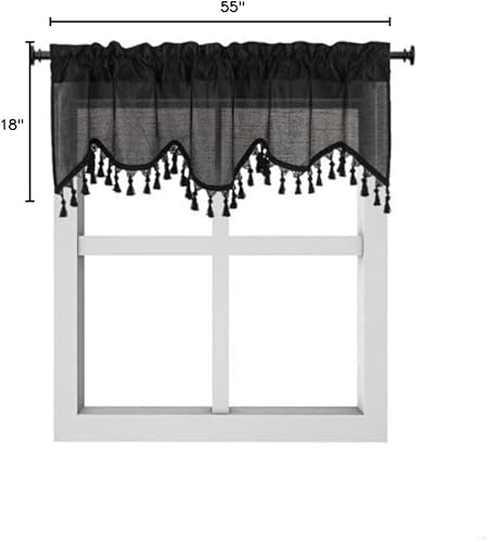 Miniatura 3 de Cenefa de cortina de ventana de cascada de seda sintética sólida con flecos de 55 x 18 pulgadas, ondulado (1, negro)