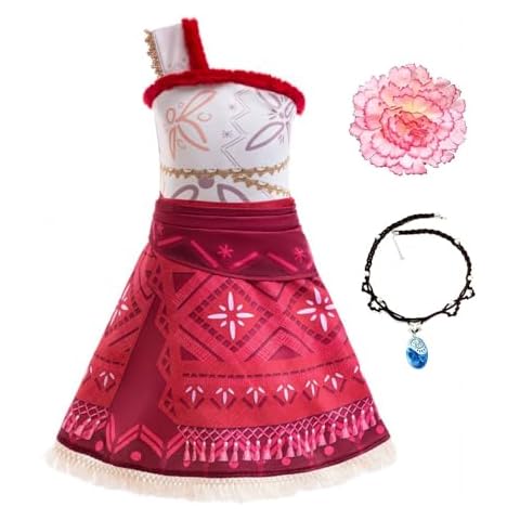Marosoniy Princess Costume Skirt Set Adventure Ocean Outfit One Shoulder Dress for Todder Kids Halloween Christimas Cosplay with Necklace and Flower Hair Clip Accessories (Red, 120) Cover