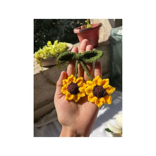 Image of Handmade Crochet Sunflower Hair Tie, Yellow and Brown Floral Hair Accessory with Green Leaves, Elastic Rubber Band for Ponytails and Braids