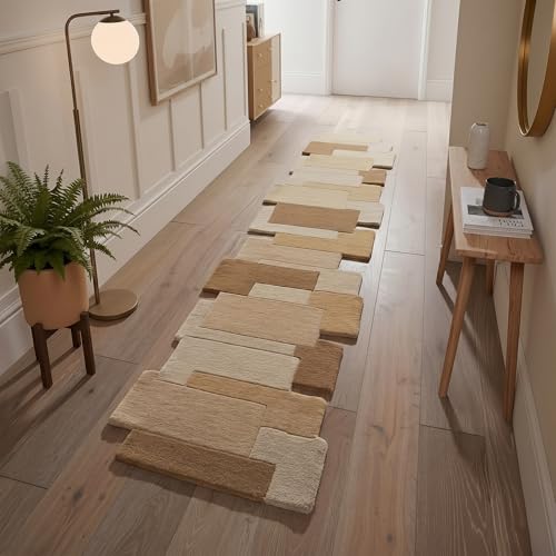 Restoration and Renovation Beige-Cream Wool Runner Rug 2.6' x 8' – Handmade, Irregular Block Pattern, Artistic Geometric Design Carpet for Living Room, Bedroom, Kitchen & Home Decor