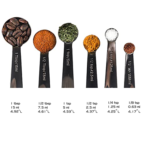 Black Measuring Spoons, Heavy Duty 18/8 Stainless Steel Metal Measuring Spoons Set Of 6, Black Plated Spoon For Dry Or Liquid Ingredients For Cooking Baking, Tablespoon Teaspoon Measuring Spoon Spice #TOP6