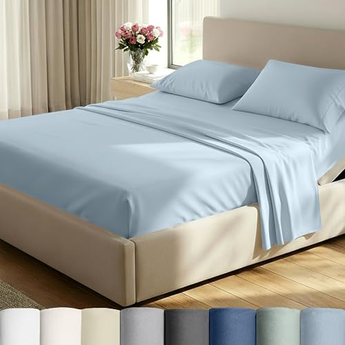 Image of California Design Den Luxury Sheets Set for Split King Adjustable Bed, Soft 100% Cotton, 500 Thread Count Sateen Sheets for Bed, Snug Fit, Includes Twin-XL Fitted Sheets - Blue (Grey Tone)