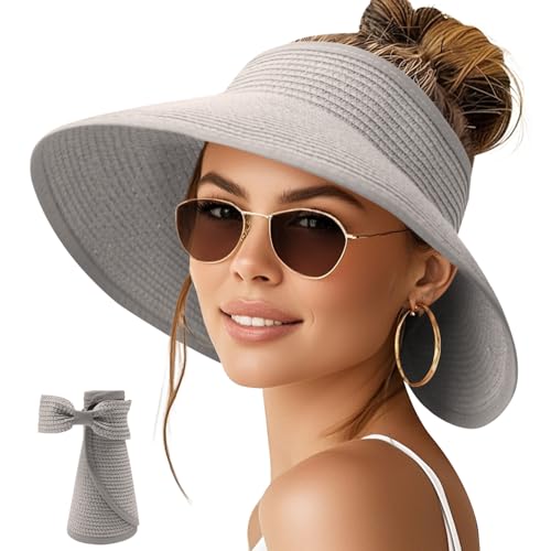 Image of NPQQUAN Sun Visor Hats for Women Wide Brim Ponytail Straw Beach Hat Packable Foldable UPF 50+ Floppy Travel Hats
