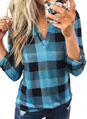 Image of Dokotoo Womens Tops Plaid Cotton Cuffed 3 /4 Sleeve Shirts Blouses