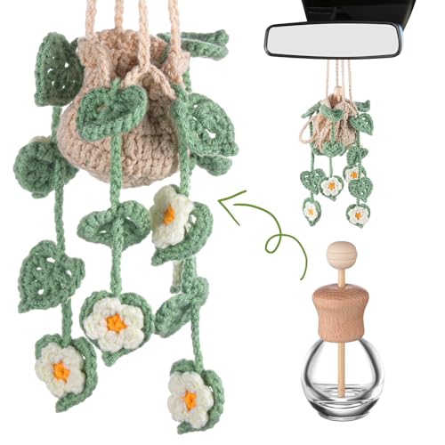 Image of DaisyInner Cute Crochet Plant Car Freshener 12ml Empty Refillable Diffuser Bottle with Plants Hanging Accessories for Ornaments Charms Rearview Mirror Home Office Decor Women Gifts(Daisy)