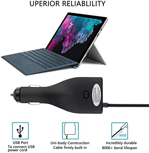 Surface Pro Car Charger, 42W 12V 2.58A Microsoft Surface Laptop Charger, Power Supply for Surface Pro 7/ Pro 6/ Pro 5/ Pro 4/ Pro 3 Surface Go Surface Book with 5V 2.1A USB Charging Port (4.9Ft Cord)