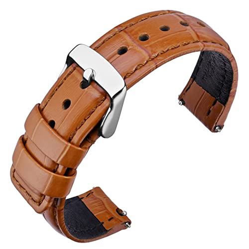 Image of ANNEFIT Quick Release Leather Watch Bands 20mm, Alligator Grain Calfskin Replacement Strap, Stainless Steel Buckle (Light Brown)