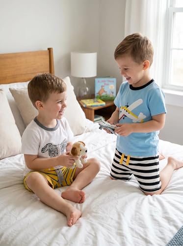 Image of Little Boys Short Set Pajamas for Boys 100% Cotton Toddle Firetruck Dinosaur Sleepwear Summer Clothes Size 2-7T