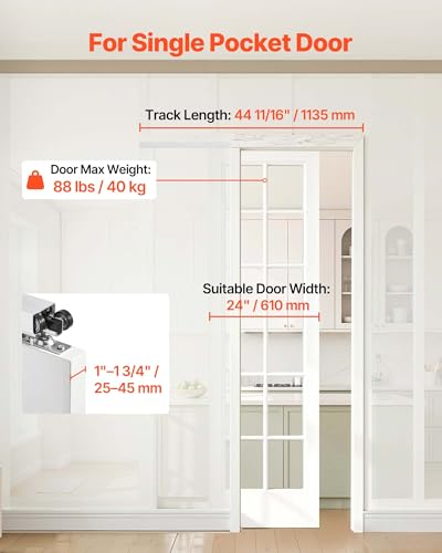 Image of VEVOR Sliding Pocket Door Hardware Track Kit, 44.69 inch Pocket Door Track Kit with Soft Close Mechanism for Smooth and Quiet Sliding, Easy to Install, for 1 inch to 1 3 /4 inch Thickness 24 inch Width Single Door