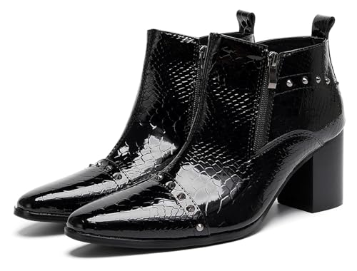 Santimon Men’s Patent Leather Studded Ankle Western Boots – Causal Dress Chelsea Boots with Block Heel & Side Zip, Rock Cowboy Boots for Stage, Party