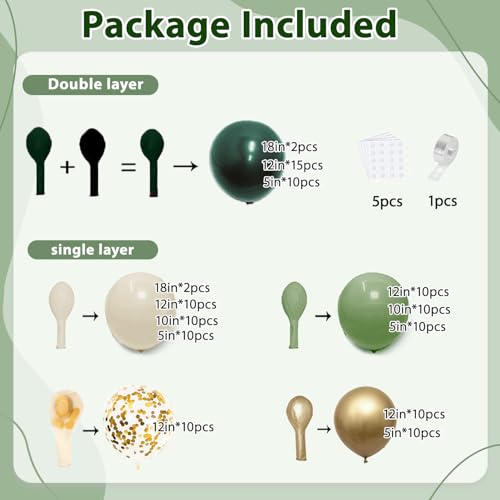 Image of Zesliwy Emerald Green White Gold Balloons Arch Kit,Double Stuffed Dark Green Sage Olive Green Sand White Beige Chrome Gold Confetti Balloon for Birthday Graduation Wedding jungle Safari Party Decor