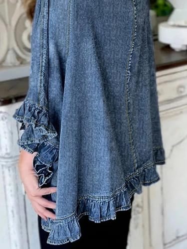 Women's Ruffled Denim Jacket 2025 Trendy Jean Jackets Vintage Loose Poncho Lapel Neck Irregular Denim Trench Coat4