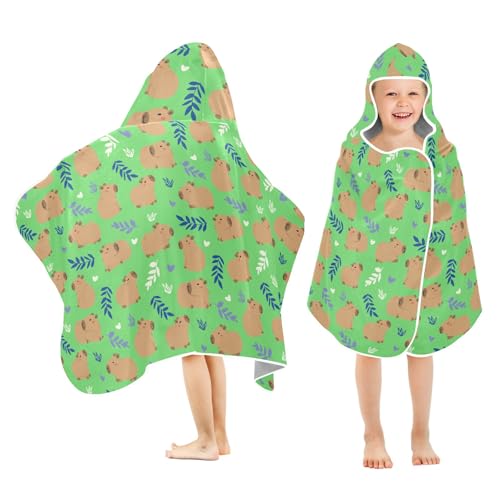 Image of Green Cute Capybara Hooded Beach Towel for Kids, Kids Bath Hooded Towels for Boys Girls, Super Soft Absorbent Bathrobe with Hood for Swin Pool 50 inchx23.5 inch