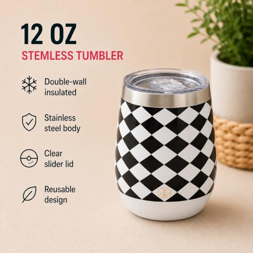 Image of Biddlebee 12 oz Insulated Stemless Wine Tumblers with Lids, Set of 2 | Stainless steel, keeps drinks hot or cold for hours; unbreakable outdoor and travel wine glasses; gift for women