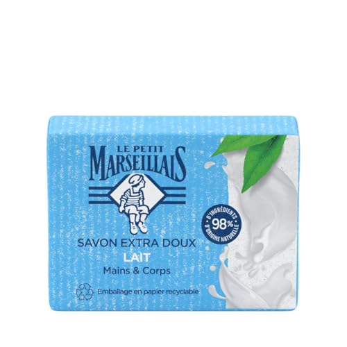 Le Petit Marseillais Jabón de leche extra suave (4 x 100 g) - Jabón sólido para manos y cuerpo con un 98% de ingredientes naturales - Embalaje de papel reciclable