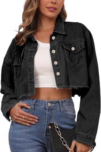 Jean Jacket for Women Cropped Denim Jackets Button Down Long Sleeve Fitted Crop Top Frayed Hem Jean Coat
