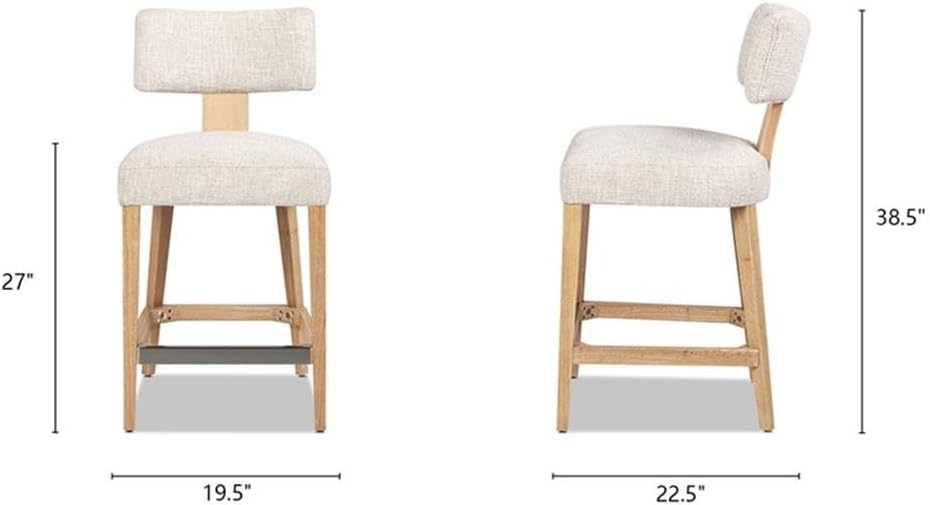 Pemberly Row 27" Split Back Beige Chenille Counter Stool Set of 2, Textured Upholstery, Solid Rubberwood Legs, Natural Finish, Mid-Height Backrest, Modern Kitchen Island or Home Bar Seating
