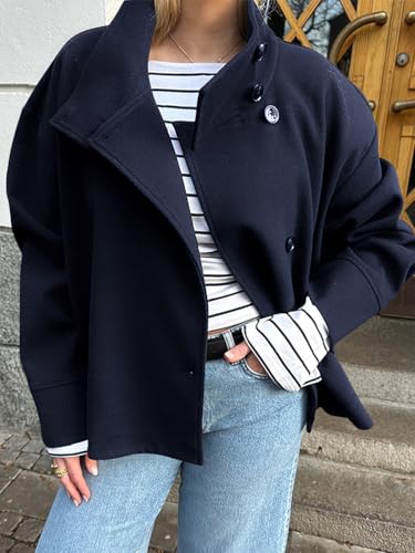 chouyatou Women's Winter Stand Collar Crop Wool Coat Single Breasted Short Blazer Jacket Coat Outerwear2