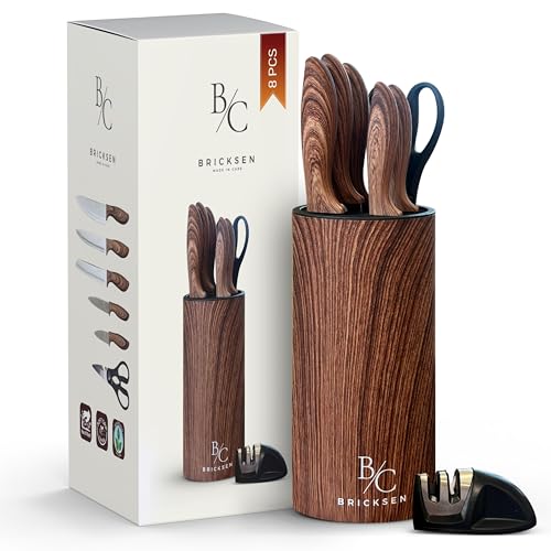 Knife Set, BRICKSEN 8-Piece Kitchen Knife Set with Block and Sharpener – Stainless Steel Cutlery Gift Set – Ergonomic Handles – Anti-Rust – New Home Essentials