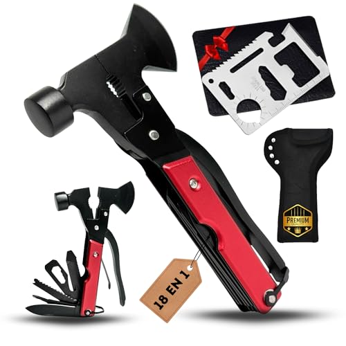 SHONA Multiherramienta 18 en 1 de acero inoxidable que incluye tarjeta multiherramienta de bolsillo. Martillo herramienta Multiusos ideal como regalos originales para hombres y padres.