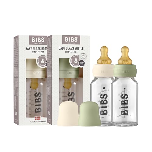 BIBS Glass Bottle, 3.7 oz, 2-Pack, Natural Rubber Nipple, Ivory/Sage