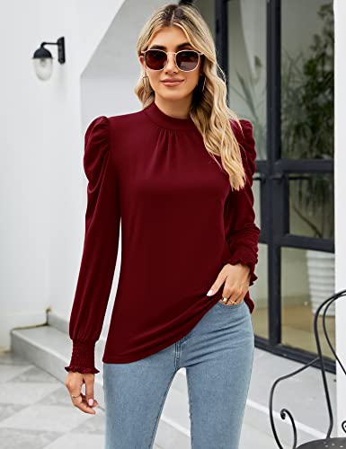 Image of LUYAA Puff Long Sleeve Shirts for Women Tops Dressy Casual Frill Mock Neck Smocked Cuffs Blouses