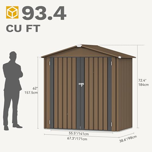 Image of DWVO 6x4ft Metal Outdoor Storage Shed, Waterproof Tool Shed Heavy-Duty Storage Unit with Lockable Door and Vents, Ideal for Bicycles, Tools, Lawnmowers, Backyards, Patios, Lawns - Brown