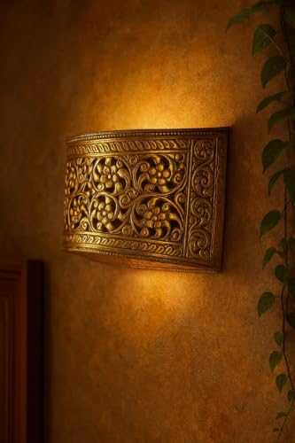 Image of Decorative Wall Brass Light, Carved Metal Design, Warm Ambient Lighting