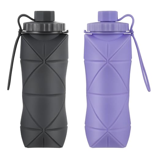 YCTMALL Silicone Collapsible Water Bottles,Lightweight Reusable Leakproof For Traveling Camping Hiking Cycling Sports Outdoor,Foldable Portable Travel Water Bottle 600ML Dark Grey And Purple 2Pack.