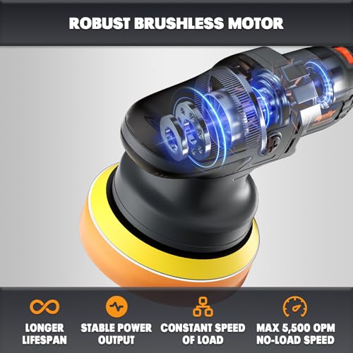 Mellif Brushless Car Buffer Polisher Compatible with Dewalt 20v Max Battery, 6\" Cordless DA Random Orbit Waxer, 4.0Ah Battery Kits, 5500 OPM, 6 Variable Speeds, Detachable Handle for Car Detailing