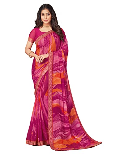 Image of SIRIL Women's Lace & Printed Chiffon Saree with Blouse(2206S937 Pink & Multi)