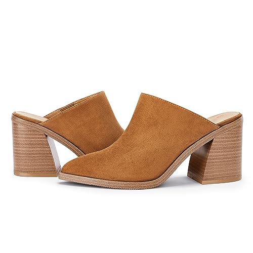 JeimPoey Heeled Mules for Women Closed Pointy Toe Backless Stacked Block Heel Slip-on Sandals Tan Brown