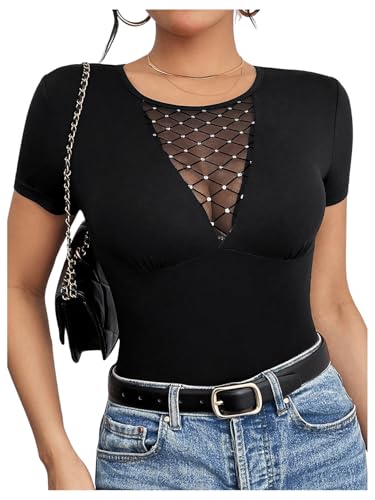 Women's Rhinestone Sheer Mesh Crewneck T Shirts Short Sleeve Slim Fit Tee Tops