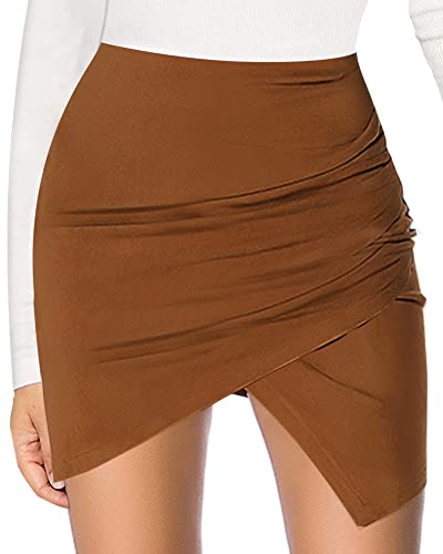 Image of MANGOPOP Women's Basic Faux Suede High Waist A-line Mini Pencil Bodycon Skirt (A02 Brown-1, Small)