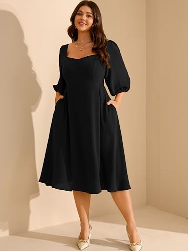 Image of RWJ Plus Size Dress for Women Fall 3 /4 Sleeve Sweetheart Neck Aline Casual Wedding Guest Formal Midi Dresses with Pockets