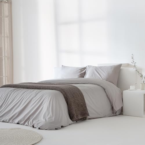 COTTON ARTean Funda Edredón Nórdico Cama 105 Percal Algodón 200 Hilos Noa Gris 2 Piezas 180x220 Cierre Botones.