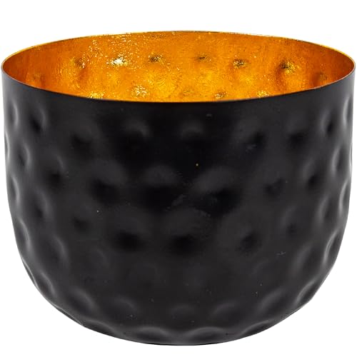 Gadgy Bougeoir Décoration de Table Noir Or - Bol Décoratif en Métal Martelé - Porte-Bougie Chauffe-Plat Doré - Lanterne Dorée - Décoration Ramadan - Ø16 x 12cm
