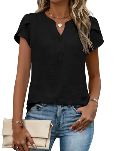 Zeagoo Summer Outfits for Women Short Sleeve Dressy Casual Blouses 2026 Fashion Button Up Spring Shirts Business Work Top Black