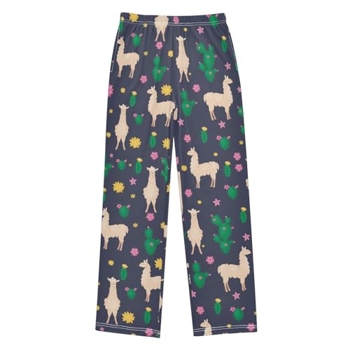 ZZXXB Llama and Cacti Boys Long Pants Soft Trousers Elastic Waist Kids Lounge Bottoms with Pockets S-XL